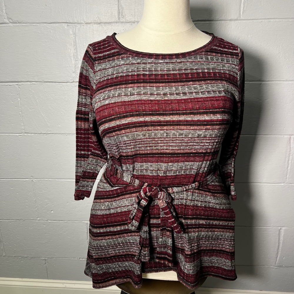 Lane Bryant Hi-Lo Striped Knit Tunic Top with Tie Waist 3/4 Sleeve Casual 14/16